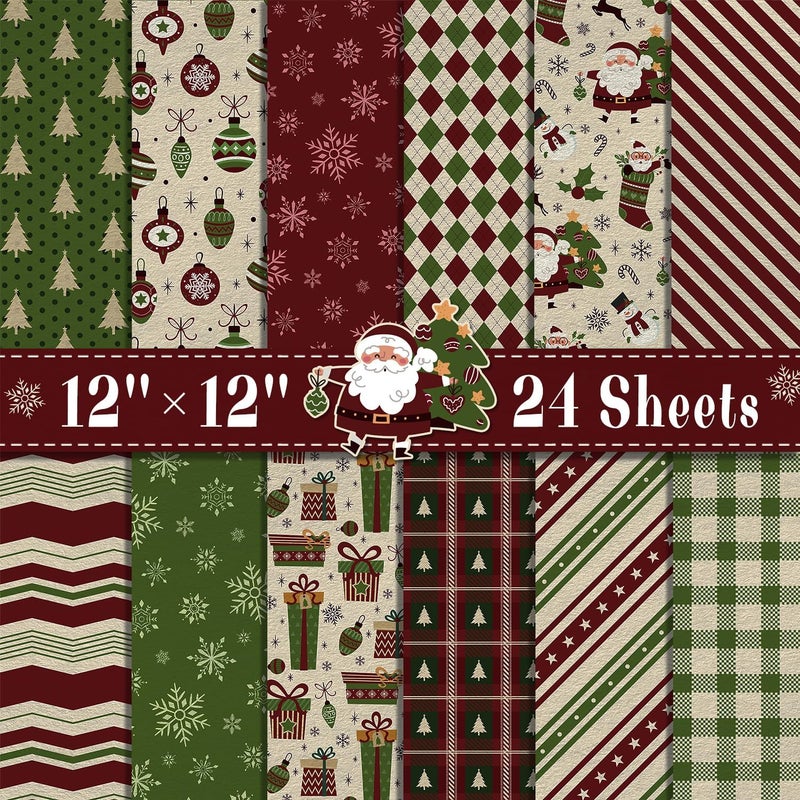 Feivando 24 Sheets Christmas Scrapbook Paper 12'' × 12'' Double-Sided Xmas Red Green Pattern Paper Decorative Art Cardstock for Holiday DIY Crafts Card Making Scrapbook Supplies - Image 1